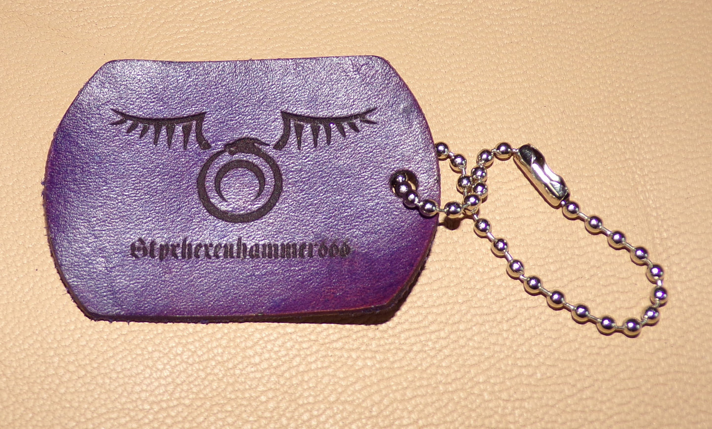 Styx Dog Tag Keychain Purple Leather Large w/Ouroboros with wings