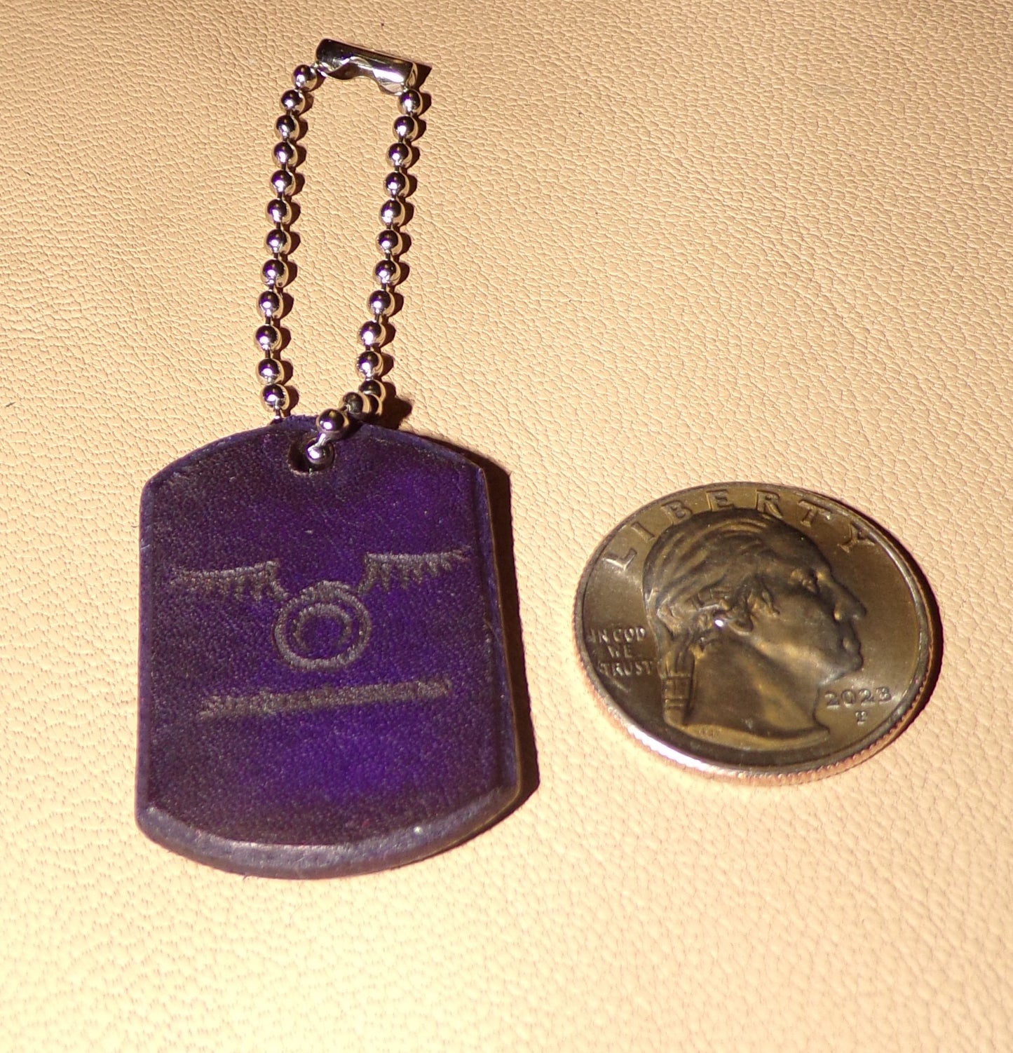 Styx Dog Tag Keychain Purple Leather small w/Ouroboros with wings
