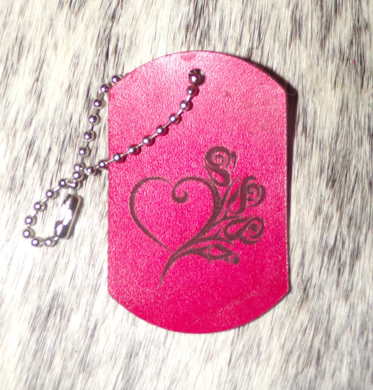 Pink Heart and Roses Leather Dog Tag key chain