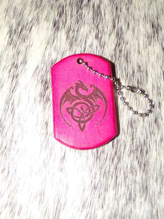 Celtic Dragon Dog Tag Leather key chain Pink