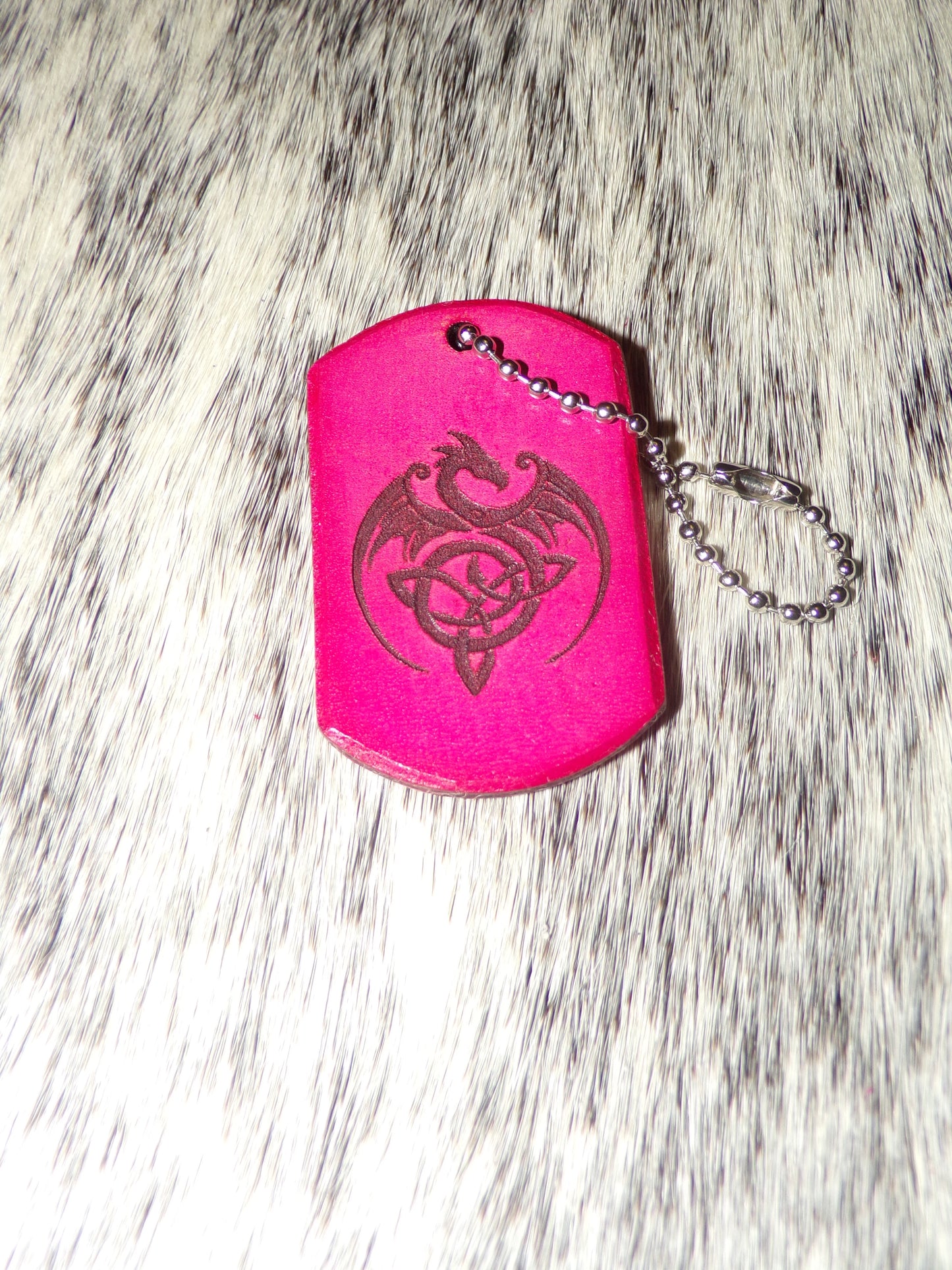 Celtic Dragon Dog Tag Leather key chain Pink