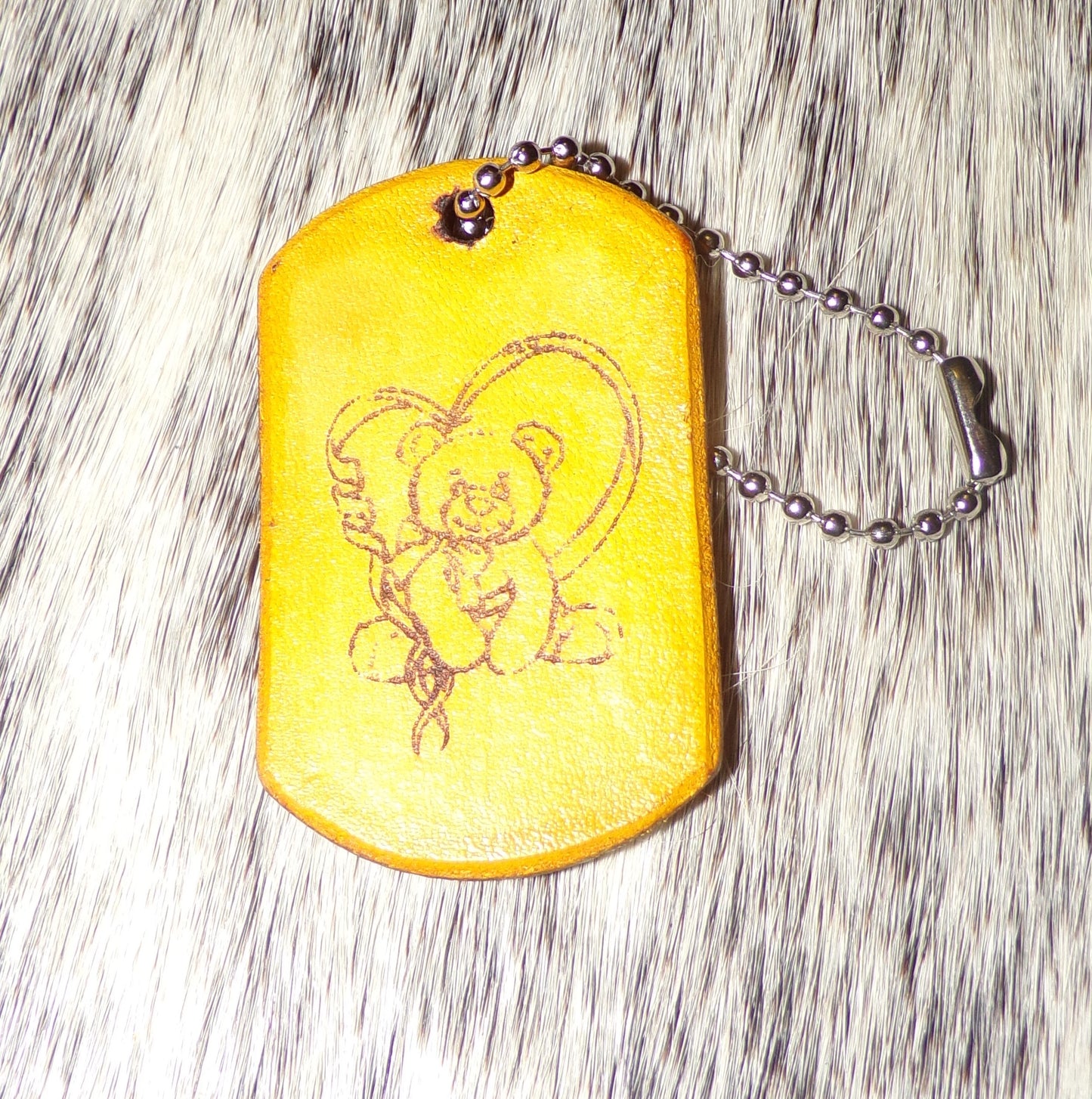 Teddy bear with heart Dog Tag style leather key chain Yellow