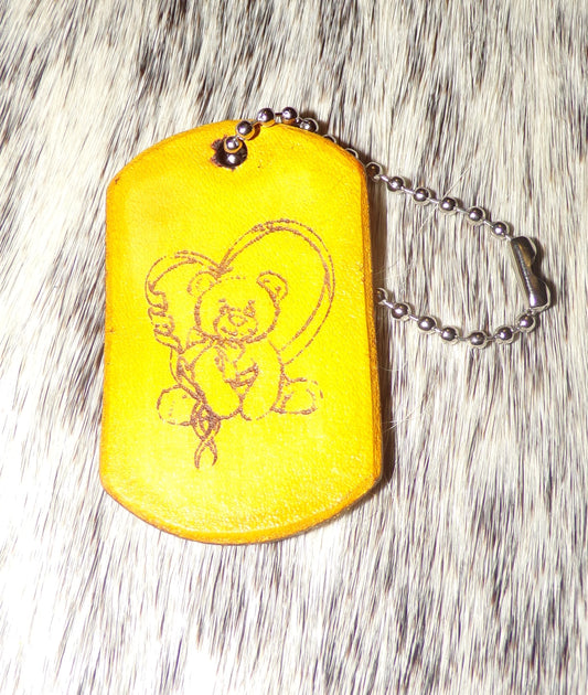 Teddy bear with heart Dog Tag style leather key chain Yellow