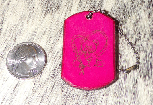 Teddy bear with heart Dog Tag Leather key chain Pink