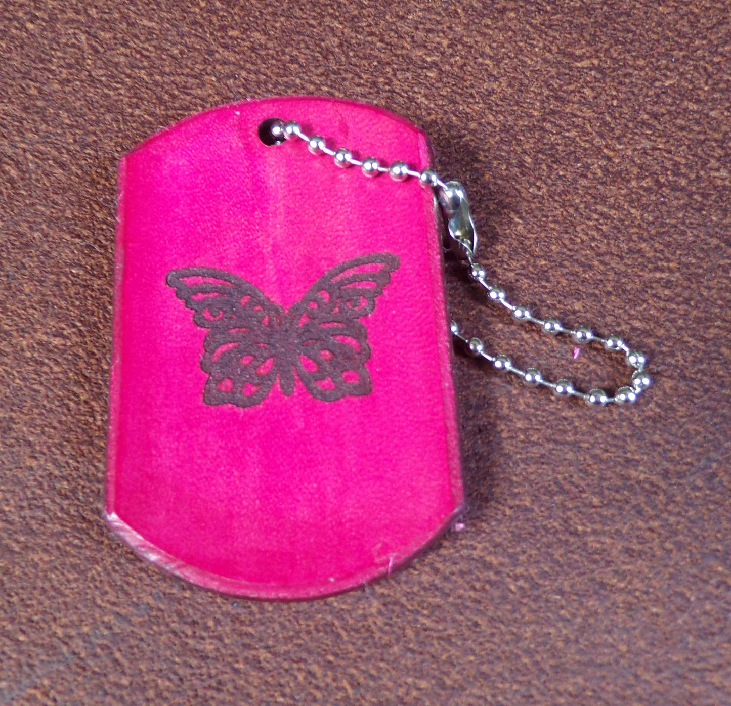 Butterfly Dog Tag Leather key chain Pink