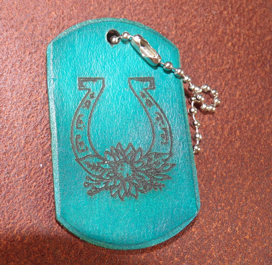 Horseshoe engraved Dog Tag Leather key chain Turquoise