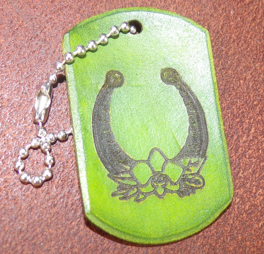Horseshoe engraved Dog Tag leather key chain green
