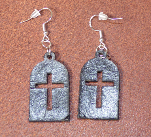 Halloween leather Black tombstone with cross earrings