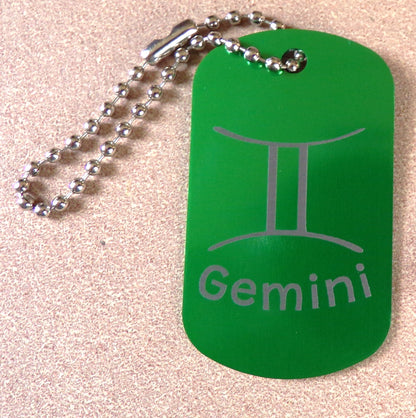 Gemini Key Chain Metal Dog Tag Engraved Zodiac Sign