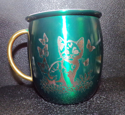 Mule Mug with Kitten and Butterflies Green