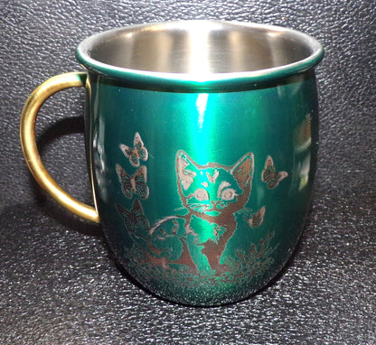 Mule Mug with Kitten and Butterflies Green