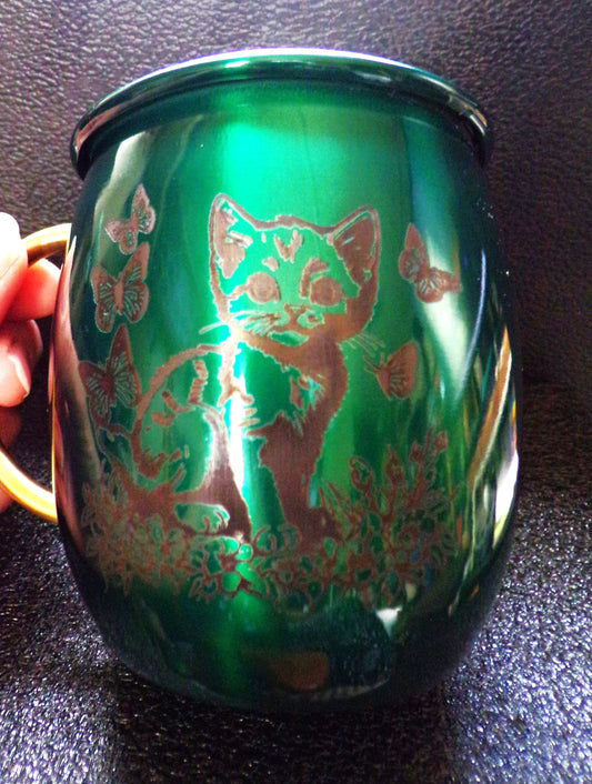 Mule Mug with Kitten and Butterflies Green