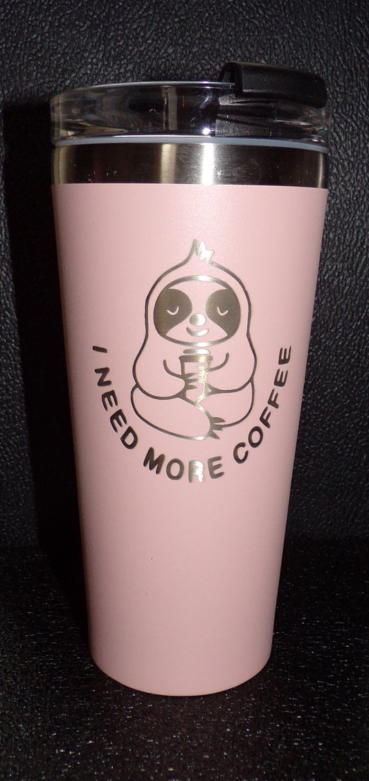22oz Tumbler / Coffee Mug with lid Engraved Sloth "I need more Coffee"
