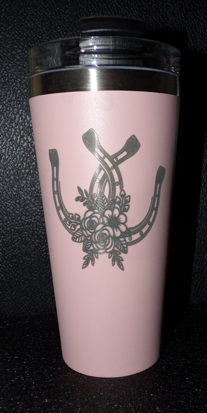 22oz Tumbler / Coffee Mug with lid Engraved Horseshoes and flowers