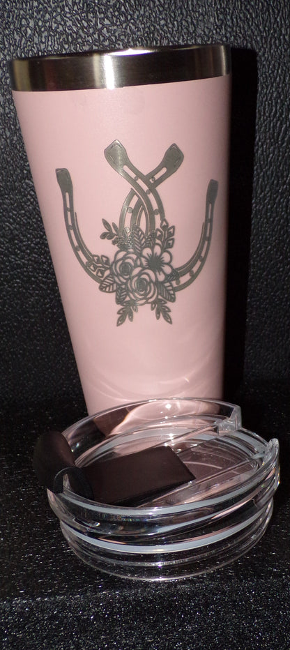 22oz Tumbler / Coffee Mug with lid Engraved Horseshoes and flowers