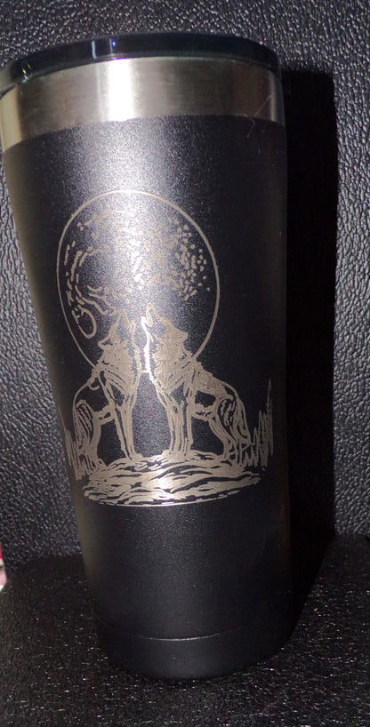 22oz Tumbler / Coffee Mug with lid Engraved with Wolves