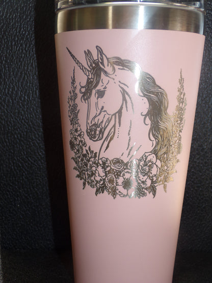 22oz Tumbler / Coffee Mug with lid Engraved Unicorn with floral wreath