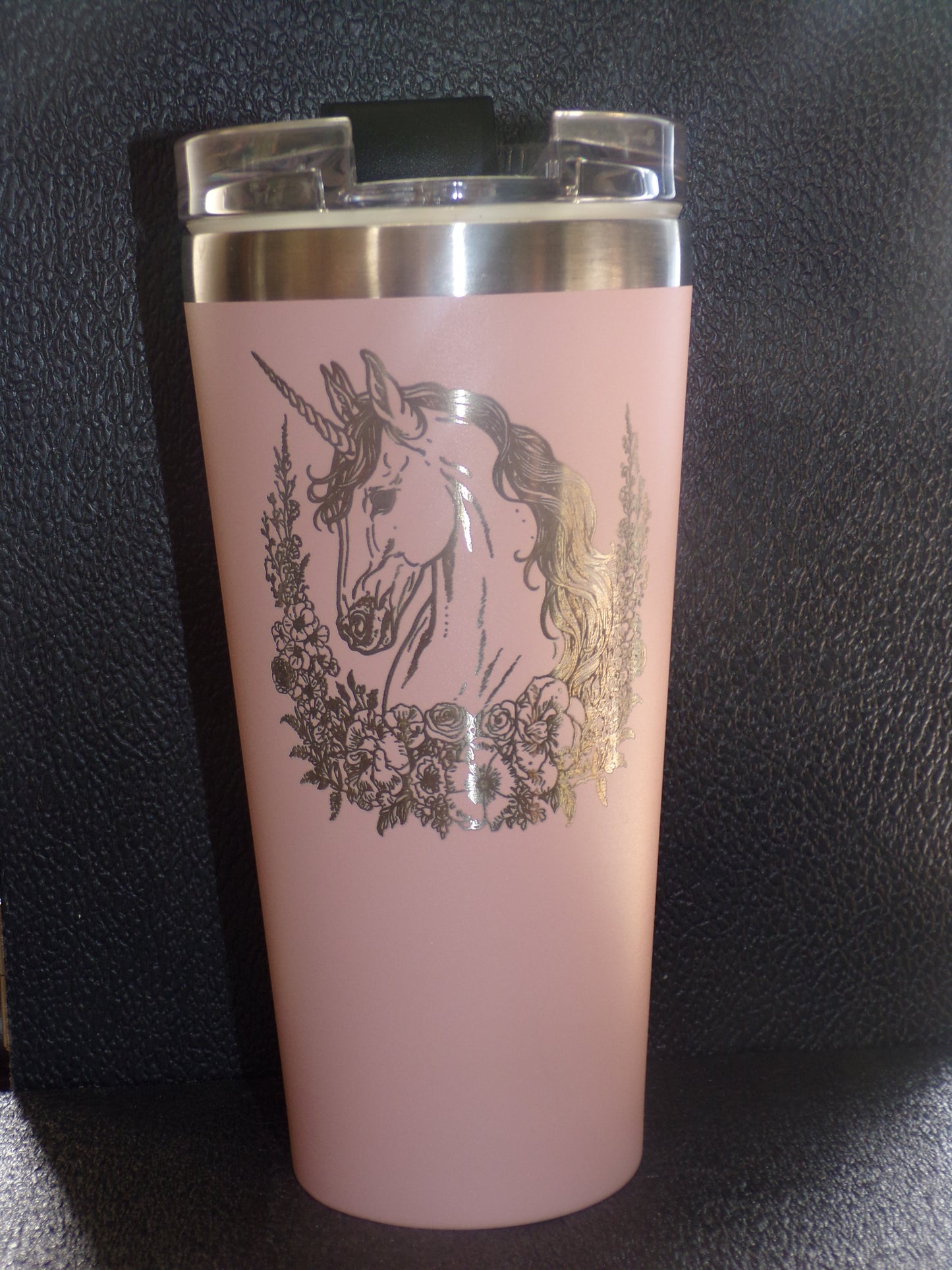 22oz Tumbler / Coffee Mug with lid Engraved Unicorn with floral wreath