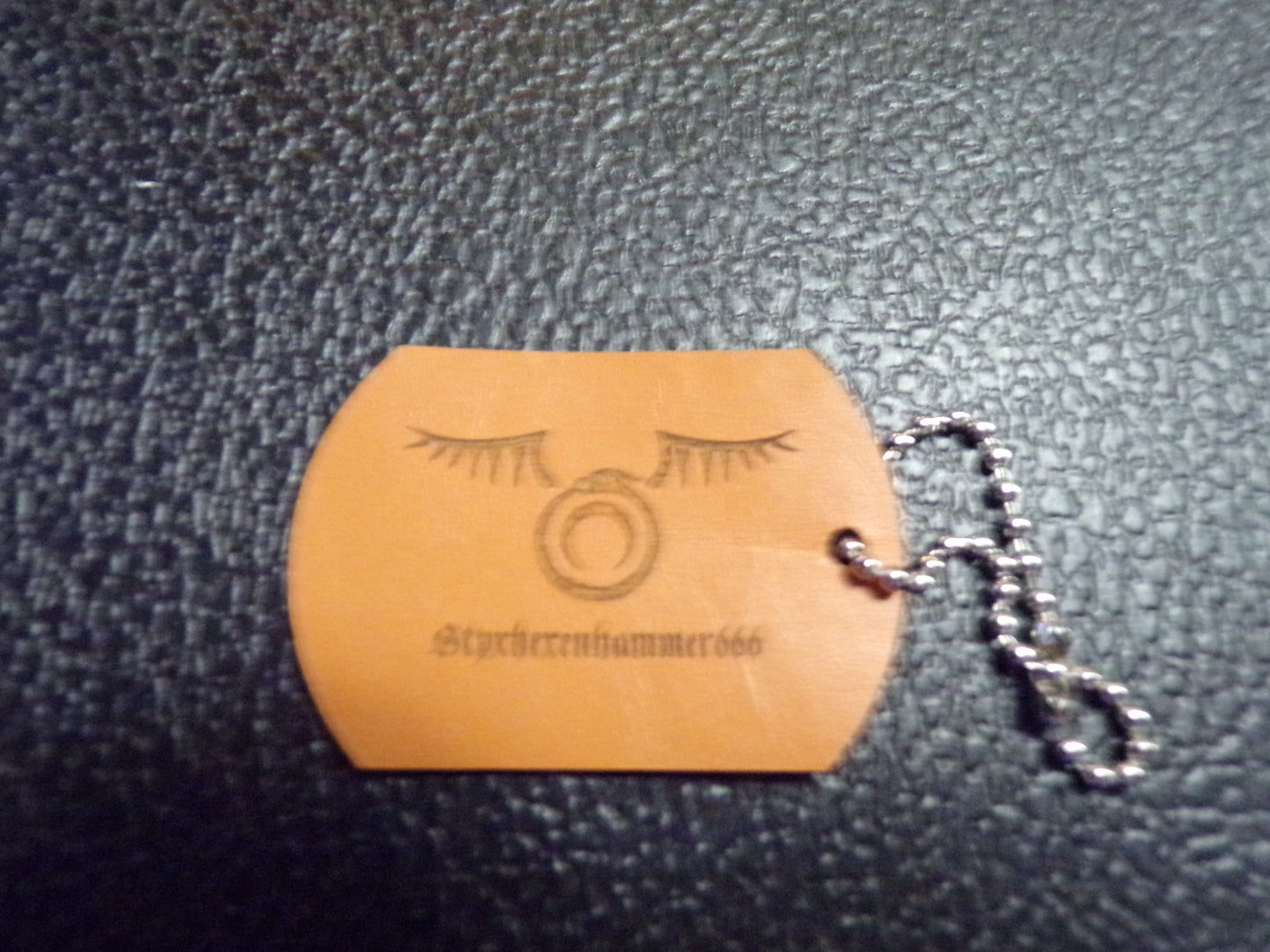 Styx Dog Tag Keychain Orange Leather Snakeskin backed Ouroboros w/wings