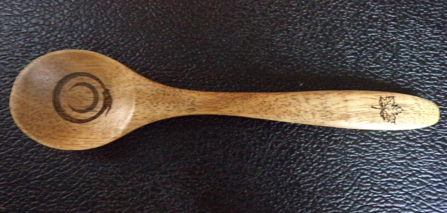 Styx Acacia wood spoon with Maple Leaf and Ouroboros