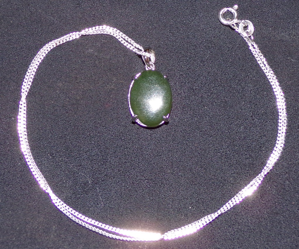 Natural Canadian Nephrite Jade Necklace with Sterling Silver Setting and Chain