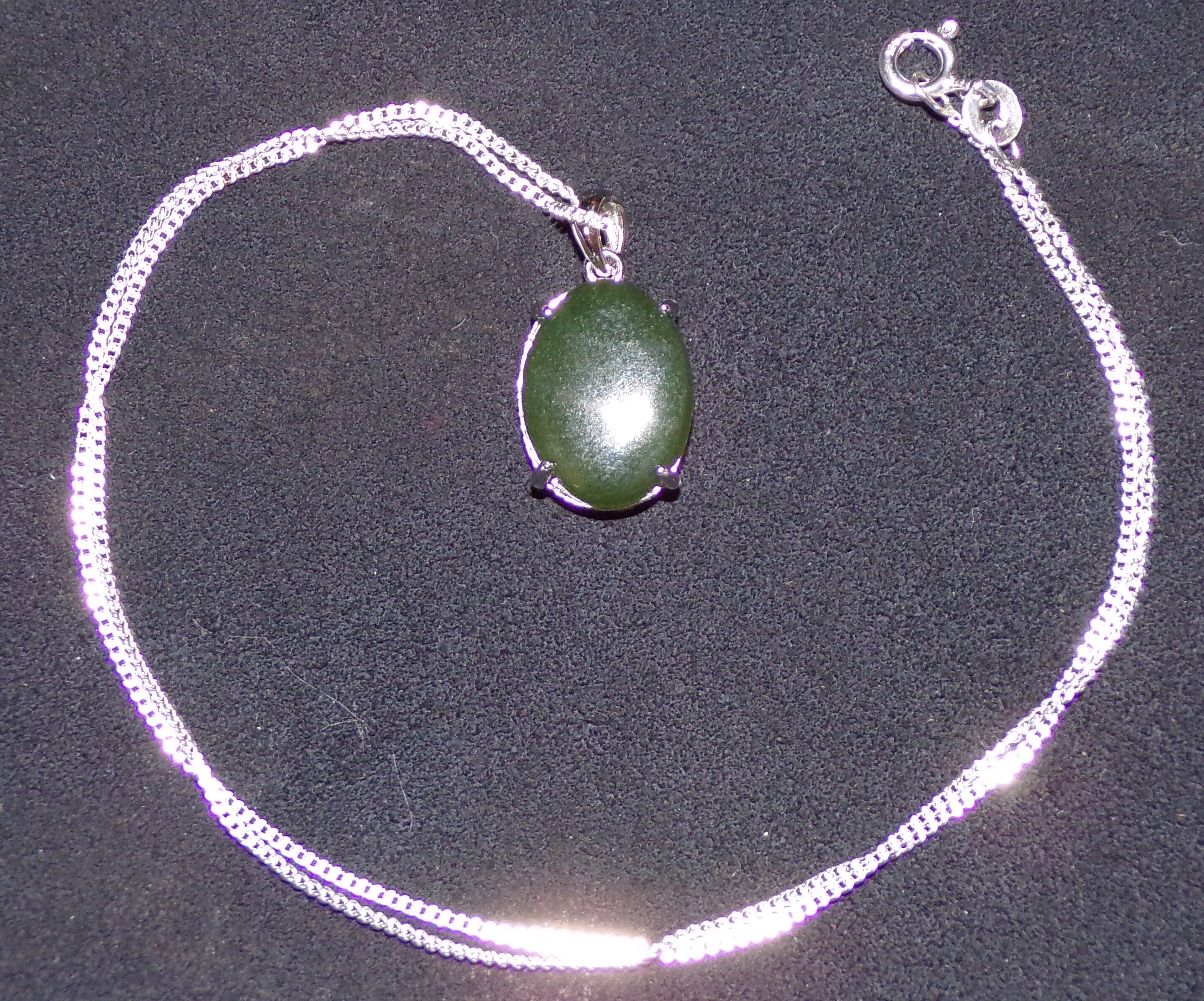 Natural Canadian Nephrite Jade Necklace with Sterling Silver Setting and Chain