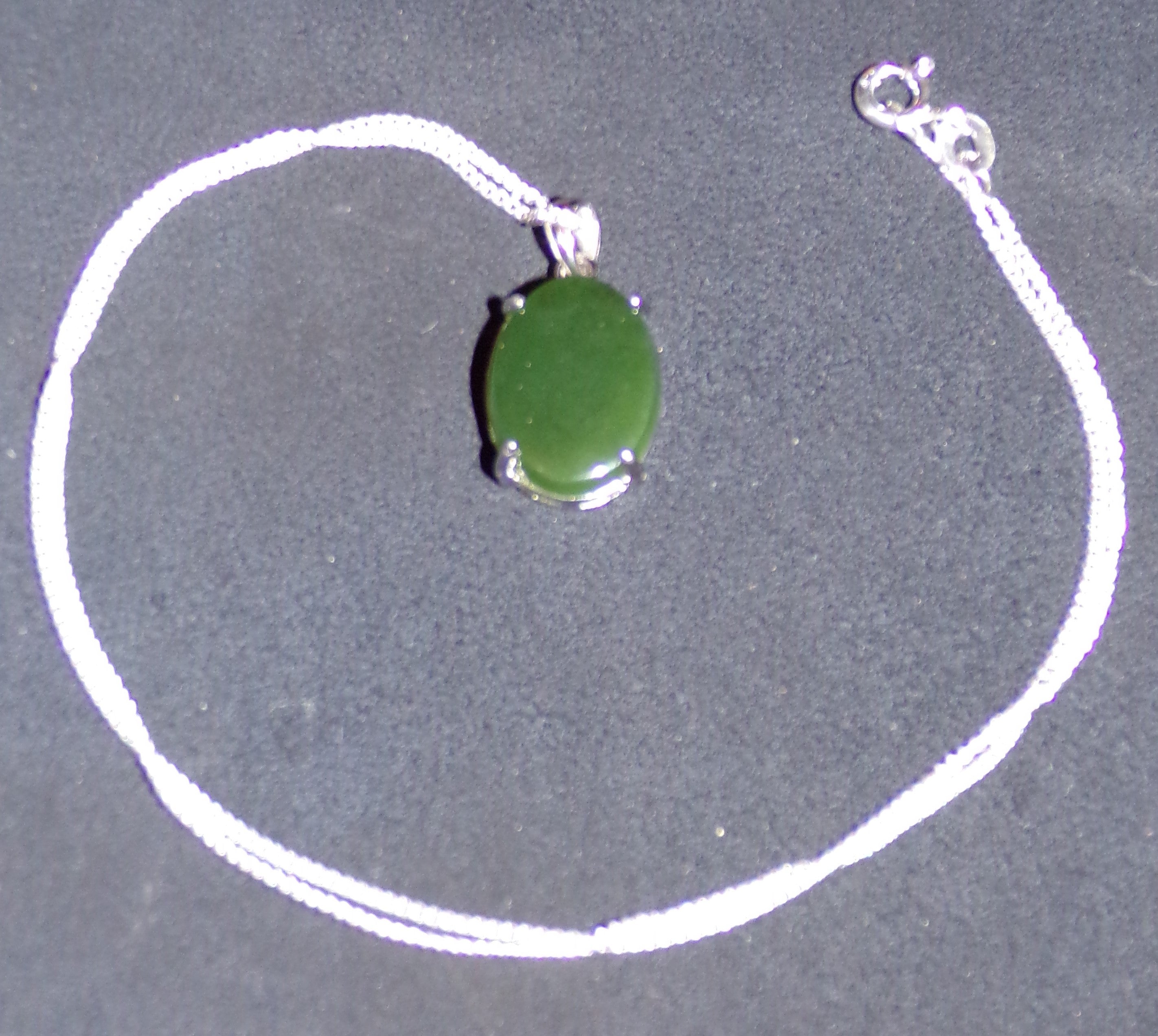 Natural Canadian Nephrite Jade Necklace with Sterling Silver Setting and Chain