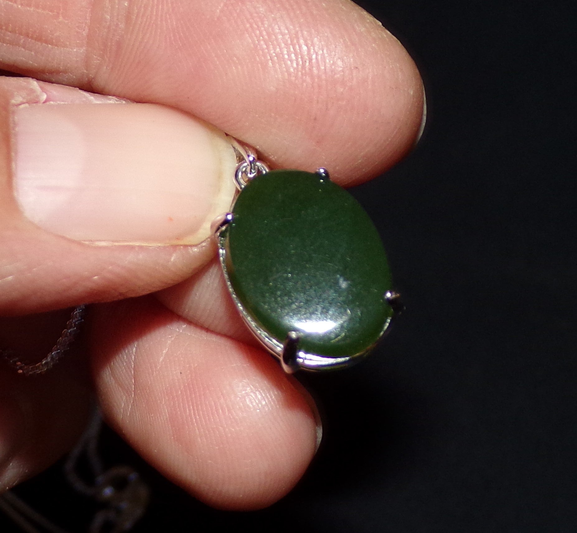 Natural Canadian Nephrite Jade Necklace with Sterling Silver Setting and Chain
