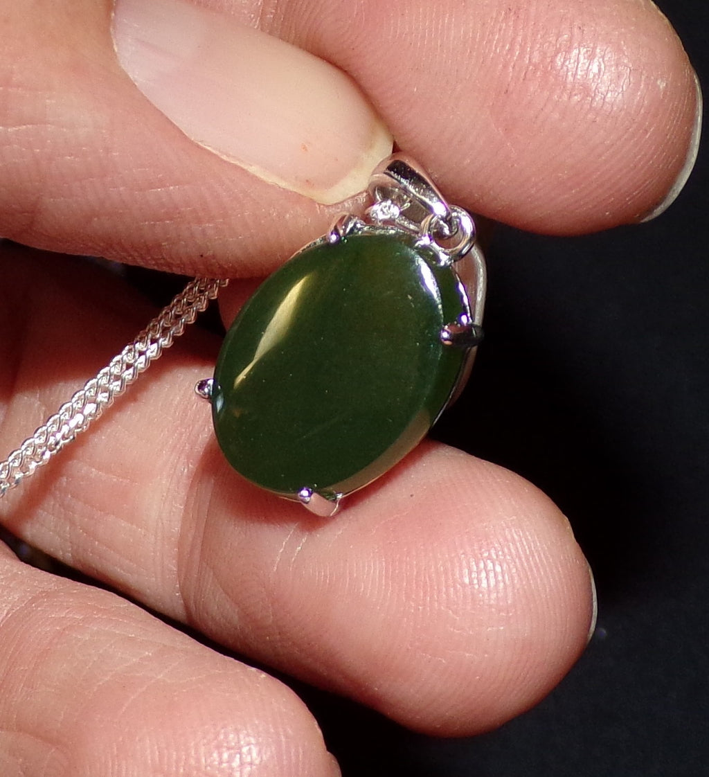 Natural Canadian Nephrite Jade Necklace with Sterling Silver Setting and Chain