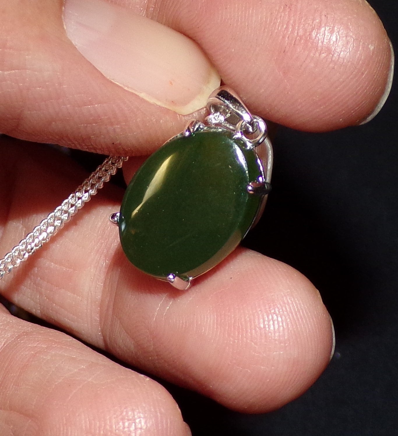 Natural Canadian Nephrite Jade Necklace with Sterling Silver Setting and Chain