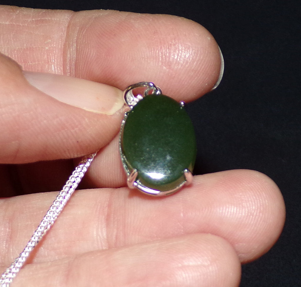Natural Canadian Nephrite Jade Necklace with Sterling Silver Setting and Chain
