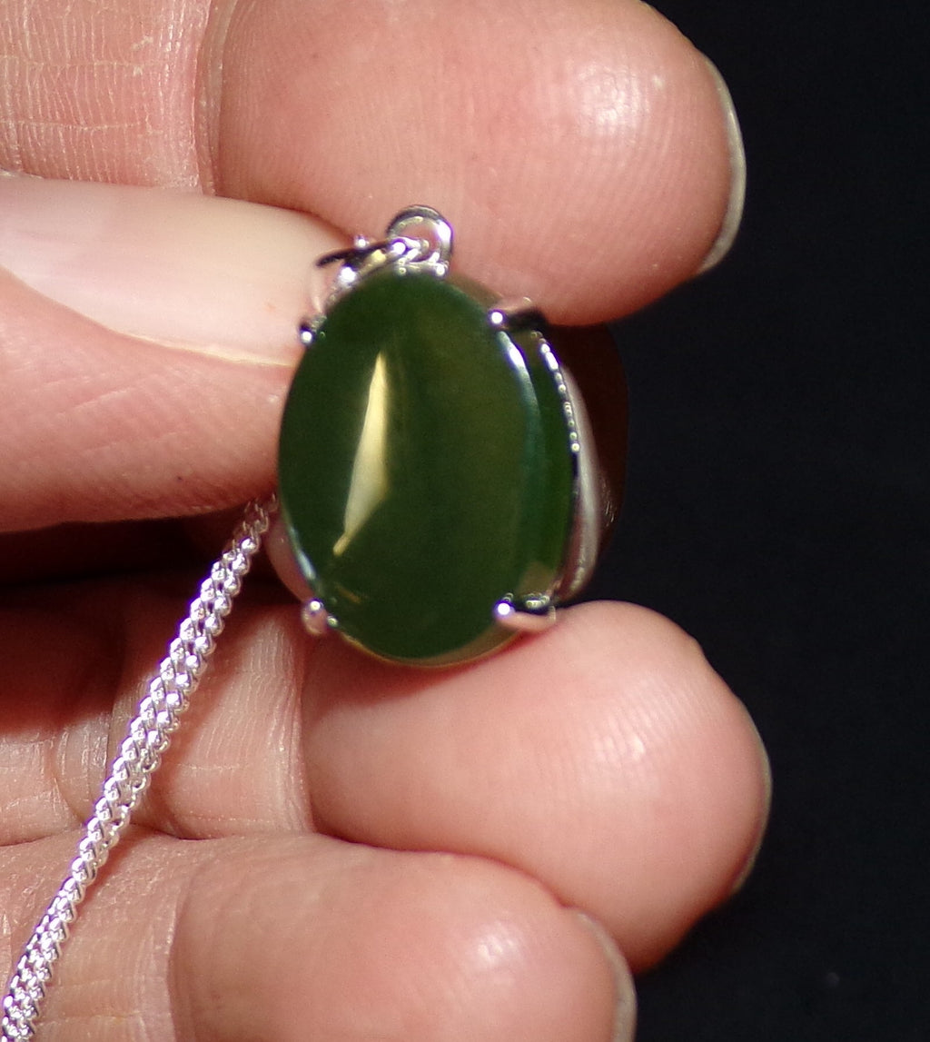 Natural Canadian Nephrite Jade Necklace with Sterling Silver Setting and Chain