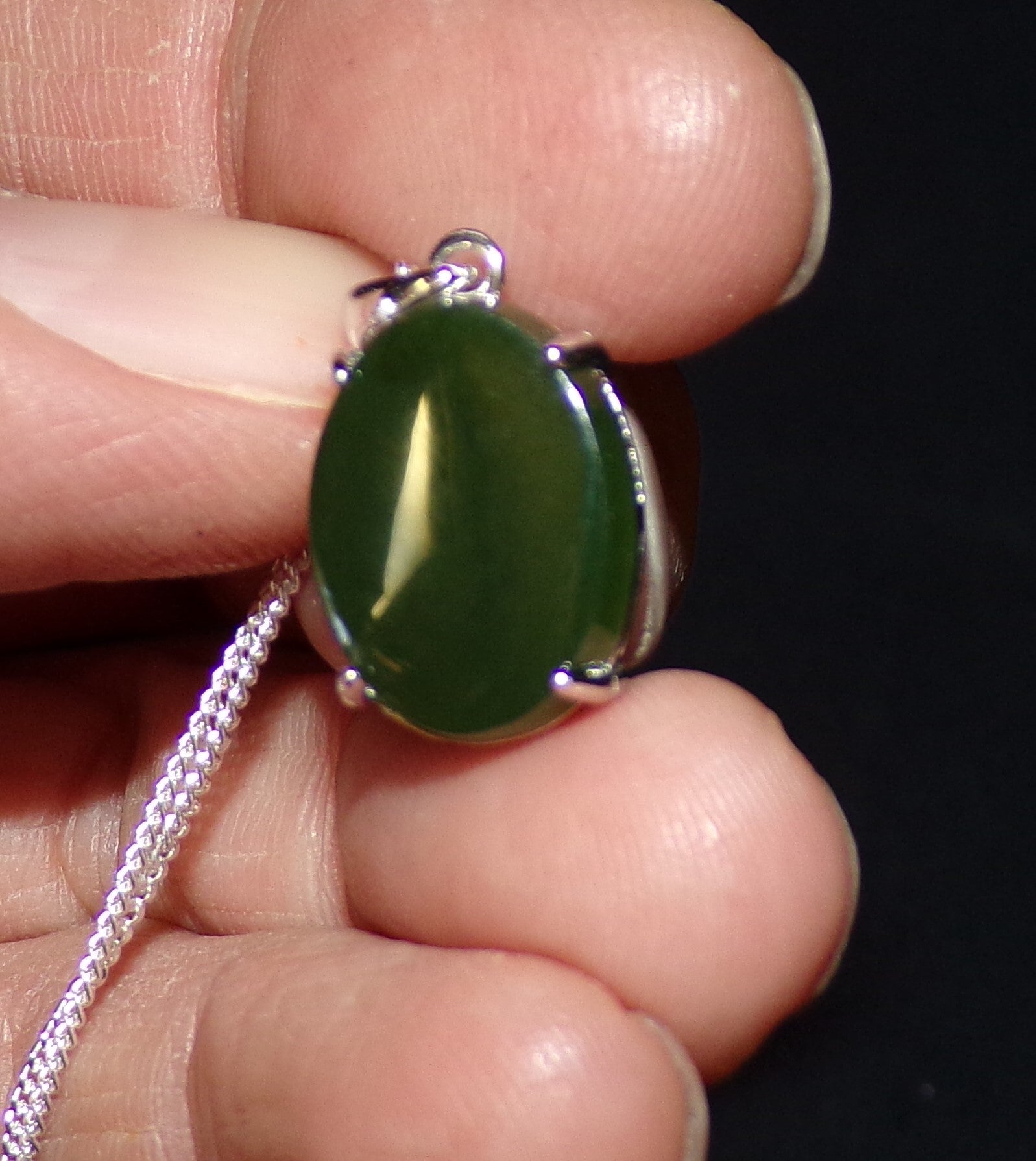 Natural Canadian Nephrite Jade Necklace with Sterling Silver Setting and Chain