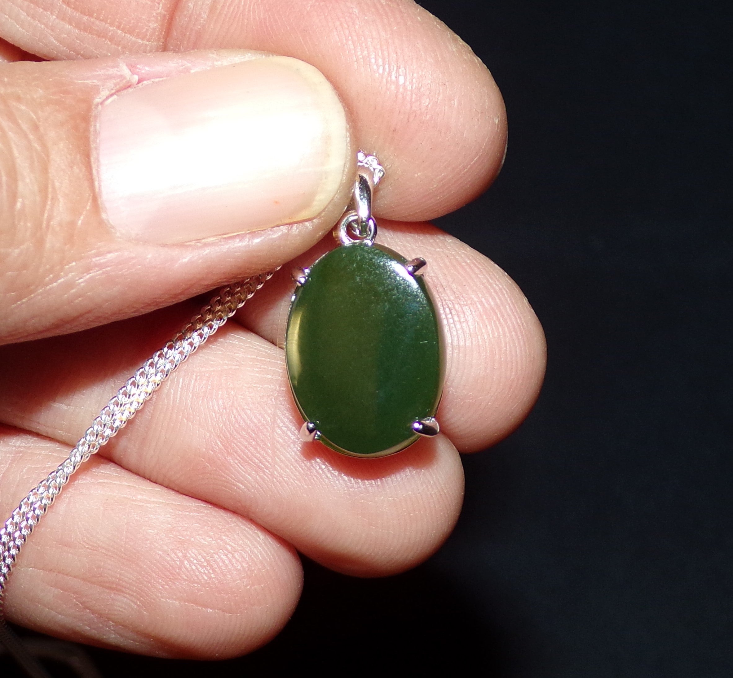 Natural Canadian Nephrite Jade Necklace with Sterling Silver Setting and Chain