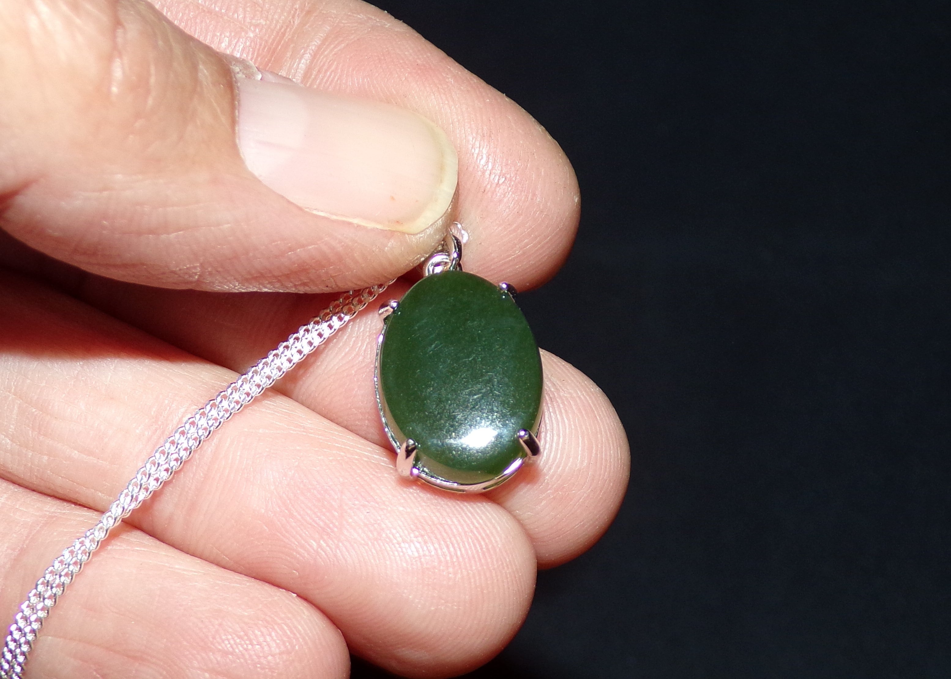 Natural Canadian Nephrite Jade Necklace with Sterling Silver Setting and Chain