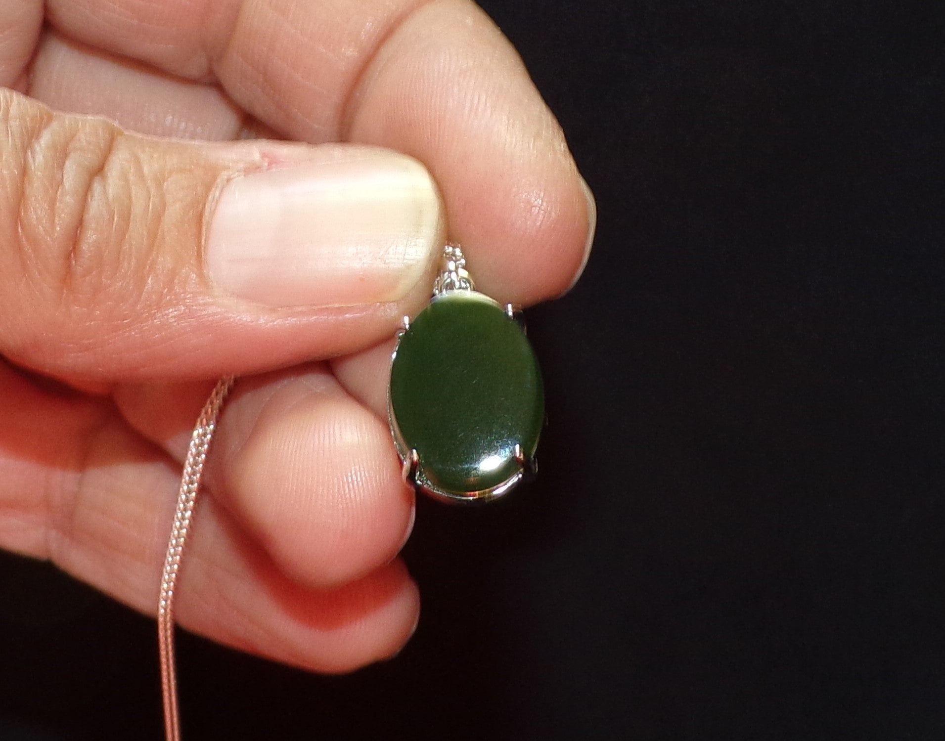 Natural Canadian Nephrite Jade Necklace with Sterling Silver Setting and Chain