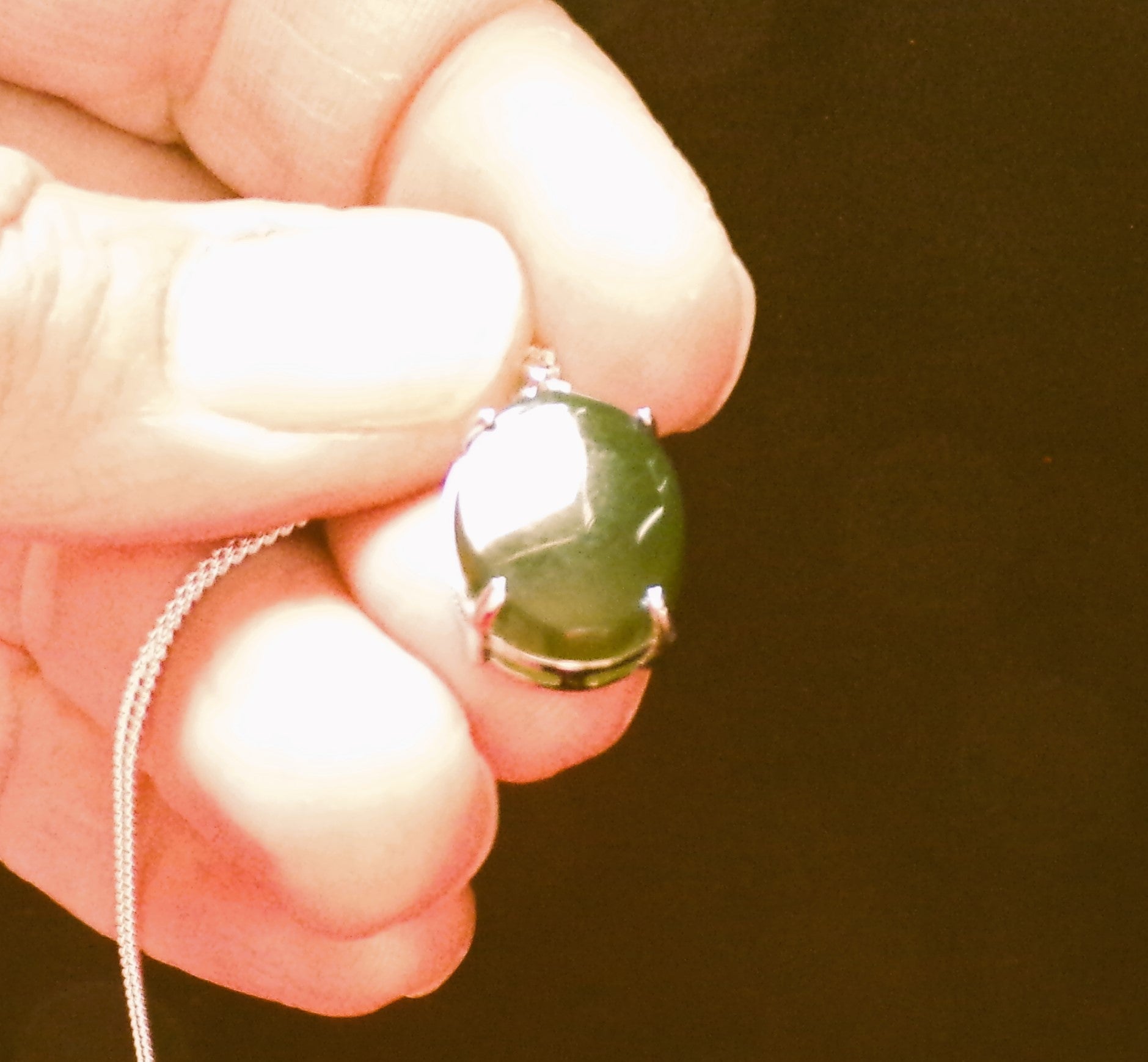 Natural Canadian Nephrite Jade Necklace with Sterling Silver Setting and Chain