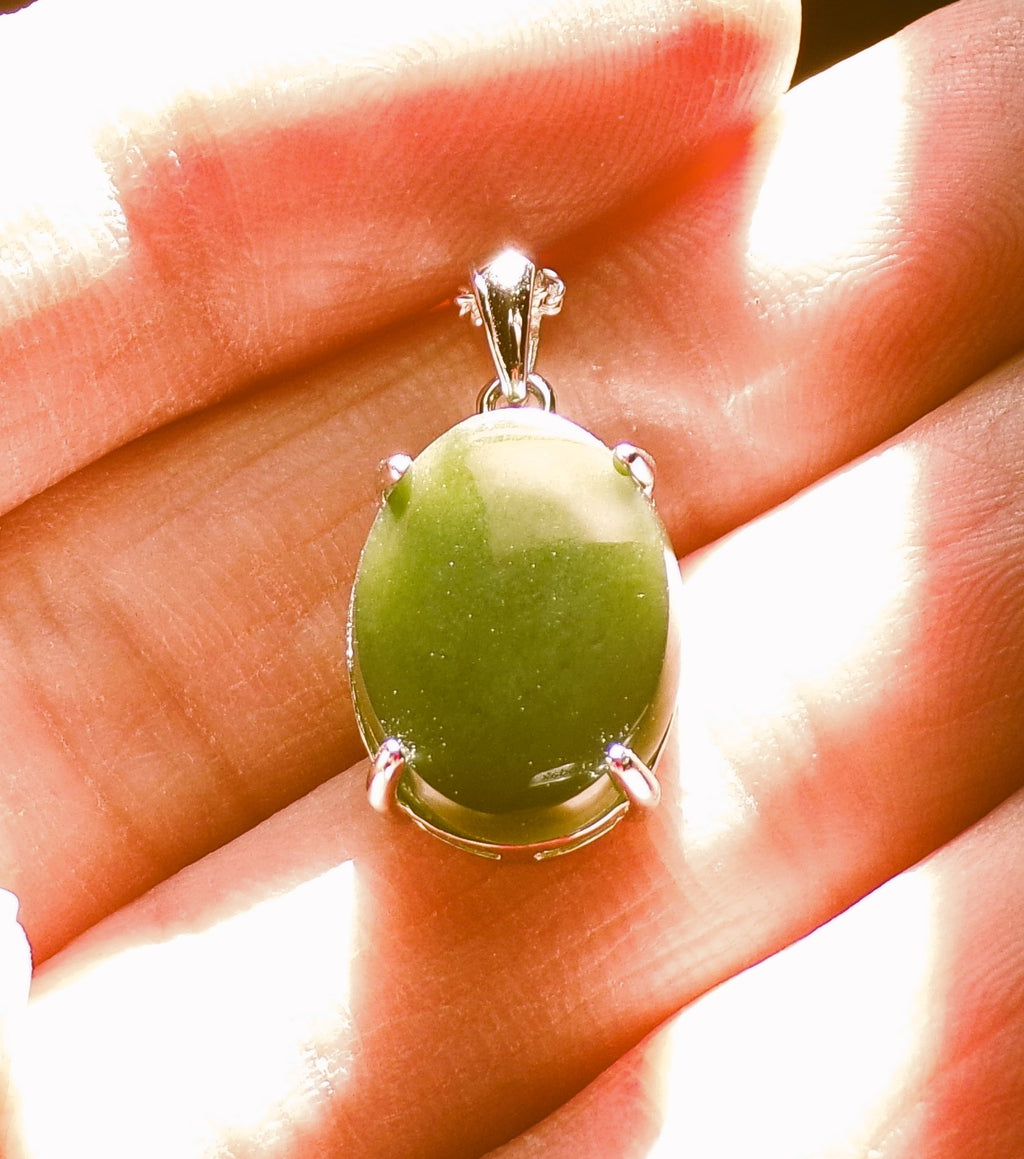Natural Canadian Nephrite Jade Necklace with Sterling Silver Setting and Chain