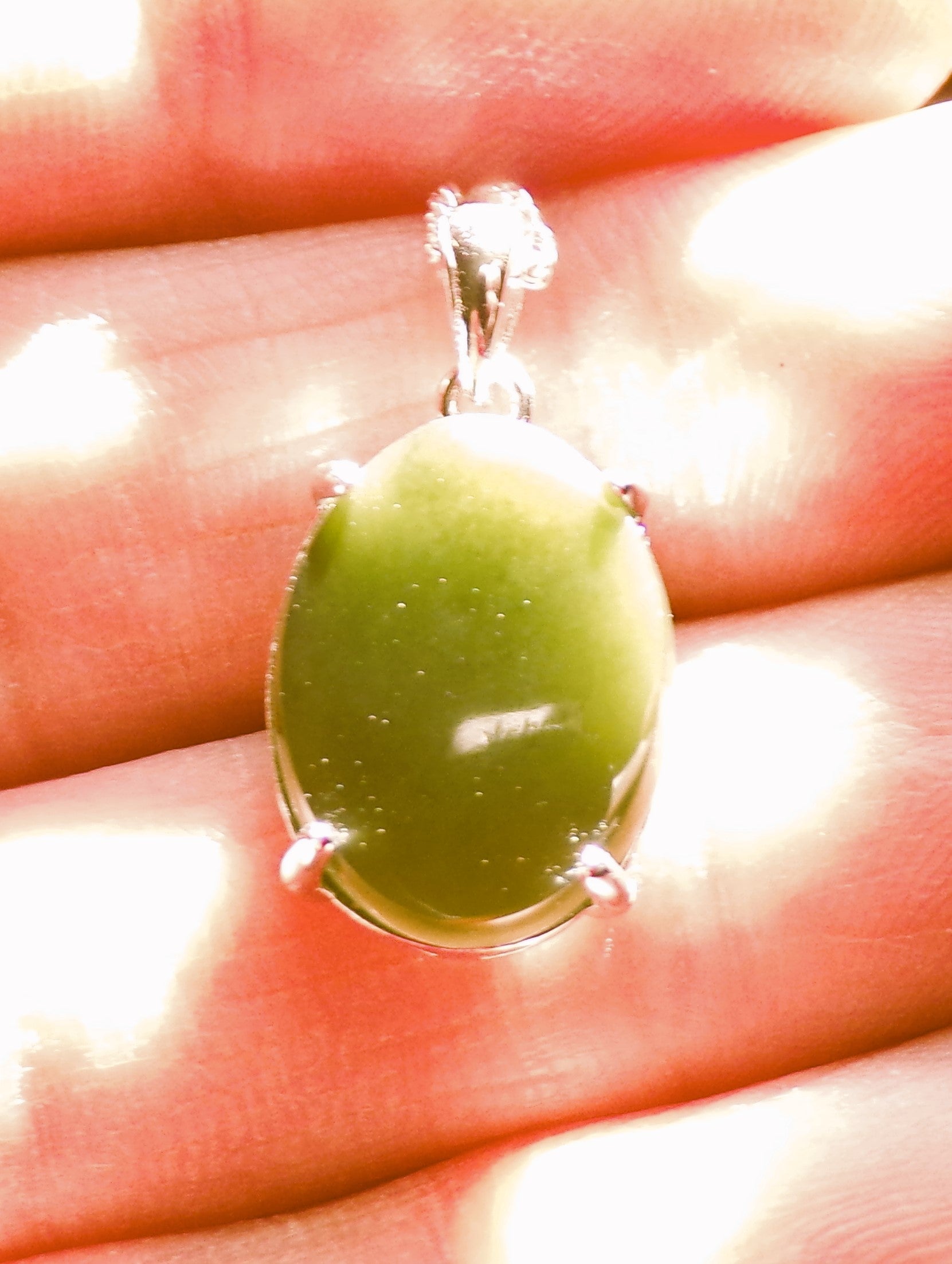 Natural Canadian Nephrite Jade Necklace with Sterling Silver Setting and Chain